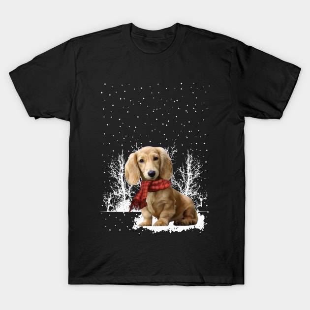 Christmas Cream Dachshund With Scarf In Winter Forest T-Shirt by SuperMama1650